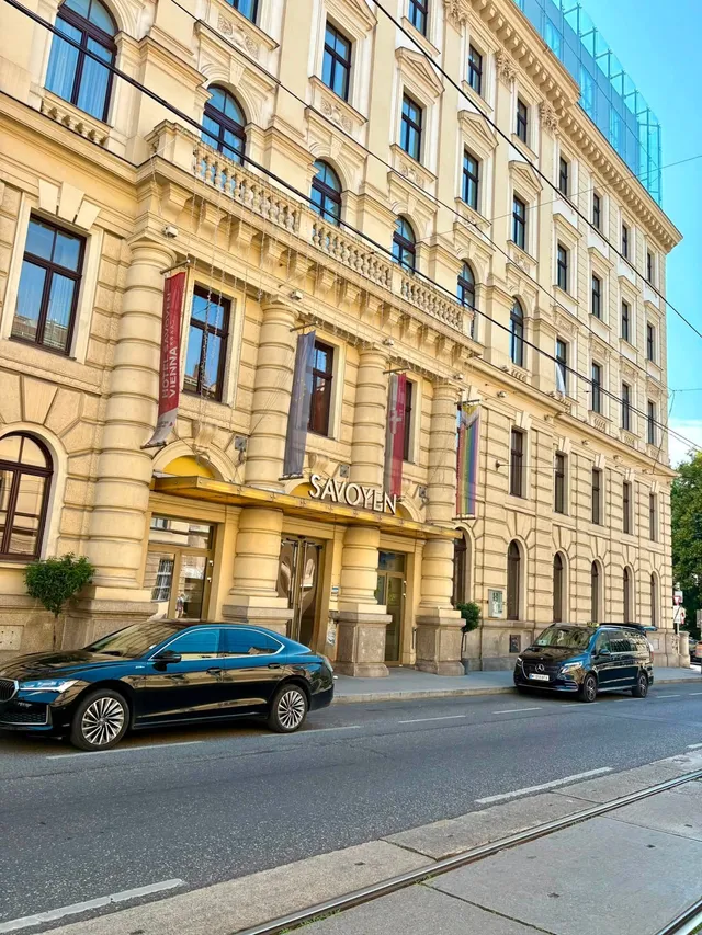 Matt's transfer car outside a grand Vienna hotel